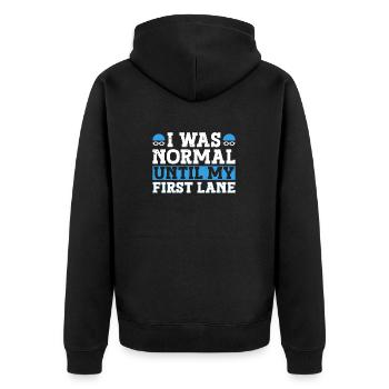 Schimmer Schwimmen I Was Normal Until My First - Unisex Premium Bio Zip Hoodie - Schwarz - Hinten - Nico (187cm)