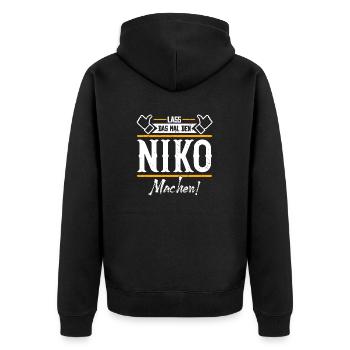 Niko Geschenkidee Geschenk Geburtstag - Unisex Premium Bio Zip Hoodie - Schwarz - Hinten - Nico (187cm)