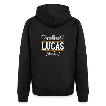Lucas Geschenkidee Geschenk Geburtstag - Unisex Premium Bio Zip Hoodie - Schwarz - Hinten - Nico (187cm)