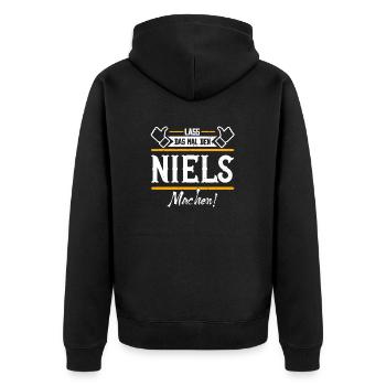 Niels Geschenkidee Geschenk Geburtstag - Unisex Premium Bio Zip Hoodie - Schwarz - Hinten - Nico (187cm)
