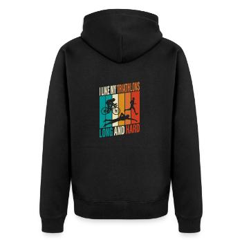 I like my triathlons long and hard Swim Cycle Run - Unisex Premium Bio Zip Hoodie - Schwarz - Hinten - Nico (187cm)