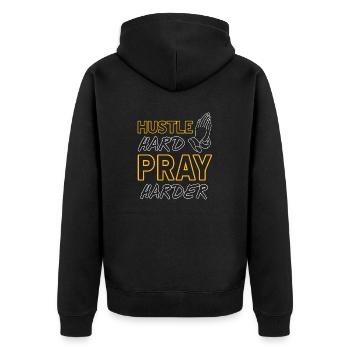 Hustle Hard Pray Harder Retro Line Art Designs - Unisex Premium Bio Zip Hoodie - Schwarz - Hinten - Nico (187cm)