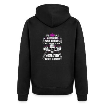 Moderatorin T witziges Spruch Motiv Moderatorin - Unisex Premium Bio Zip Hoodie - Schwarz - Hinten - Nico (187cm)