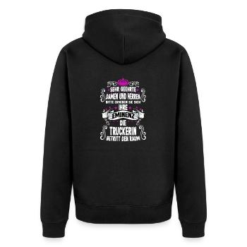 Lkw Fahrerin T witziges Spruch Motiv LKW-Fahrerin - Unisex Premium Bio Zip Hoodie - Schwarz - Hinten - Nico (187cm)