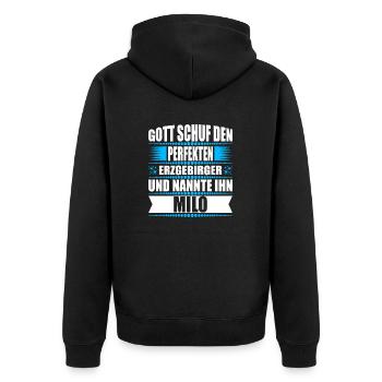 Erzgebirge Mann Namen Sachsen Milo - Unisex Premium Bio Zip Hoodie - Schwarz - Hinten - Nico (187cm)
