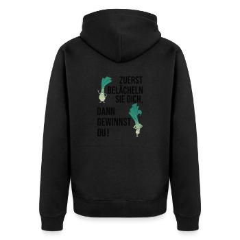 Zuerst Belächeln Sie Dich Dann Gewinnst Du - Gym - Unisex Premium Bio Zip Hoodie - Schwarz - Hinten - Nico (187cm)