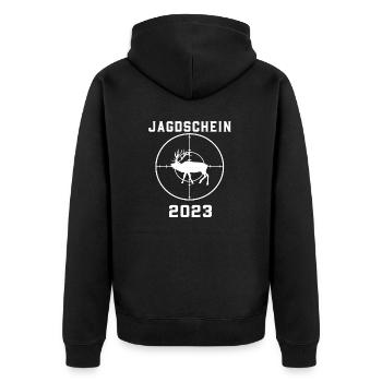 Jagdschein 2023 Jagd Jäger Jägerin - Unisex Premium Bio Zip Hoodie - Schwarz - Hinten - Nico (187cm)