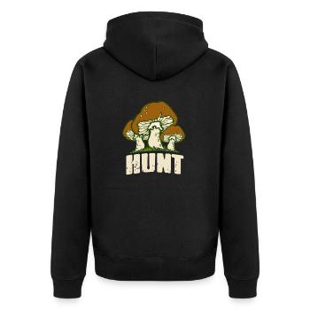 Retro Vintage HUNT Cool Mushroom Hunting Mycology - Unisex Premium Organic Zip Hoodie - black - Back - Nico (187cm)