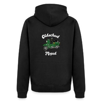 Schwalbenfahrer Simson Schwalbe Kult Roller DDR - Unisex Premium Bio Zip Hoodie - Schwarz - Hinten - Nico (187cm)