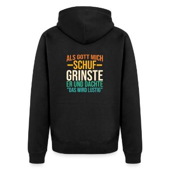 Als Gott Mich Schuf Grinste Er - Unisex Premium Bio Zip Hoodie - Schwarz - Hinten - Nico (187cm)