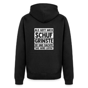 Als Gott Mich Schuf Grinste Er - Unisex Premium Bio Zip Hoodie - Schwarz - Hinten - Nico (187cm)