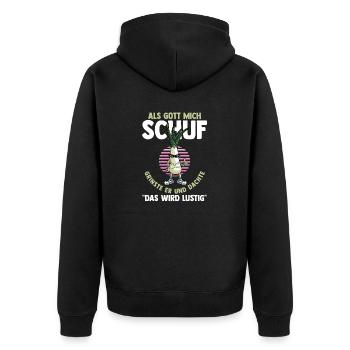 Als Gott Mich Schuf Grinste Er - Unisex Premium Bio Zip Hoodie - Schwarz - Hinten - Nico (187cm)
