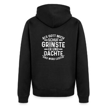 Als Gott Mich Schuf Grinste Er - Unisex Premium Bio Zip Hoodie - Schwarz - Hinten - Nico (187cm)