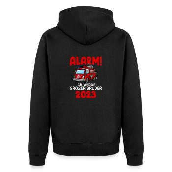 Alarm! Ich Werde Großer Bruder 2023 - Unisex Premium Bio Zip Hoodie - Schwarz - Hinten - Nico (187cm)