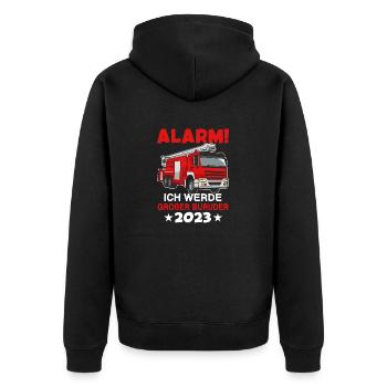 Alarm! Ich Werde Großer Bruder 2023 - Unisex Premium Bio Zip Hoodie - Schwarz - Hinten - Nico (187cm)