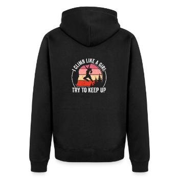 Ich klettere wie ein Mädchen Kletterhemd - Sunset - Unisex Premium Bio Zip Hoodie - Schwarz - Hinten - Nico (187cm)