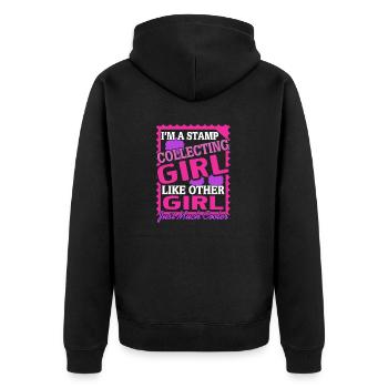 I'm A STAMP Collecting GIRL Retro Funny Collector - Unisex Premium Organic Zip Hoodie - black - Back - Nico (187cm)