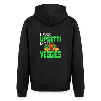 Less Upsetti More VEGGIES Retro Funny VEGAN - Unisex Premium Organic Zip Hoodie - black - Back - Nico (187cm)