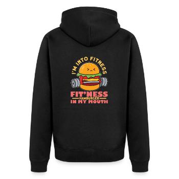 Hamburger Fitness- Hamburger Tshirt - Unisex Premium Bio Zip Hoodie - Schwarz - Hinten - Nico (187cm)