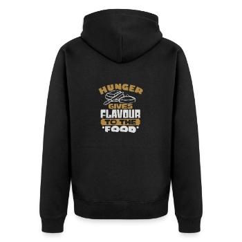 HUNGER VERLEIHT DEM ESSEN GESCHMACK - Unisex Premium Bio Zip Hoodie - Schwarz - Hinten - Nico (187cm)