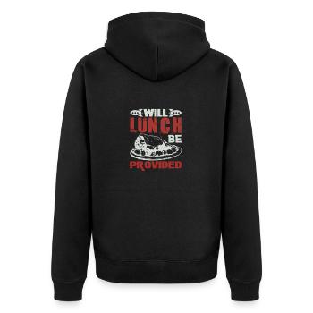 WIRD MITTAGESSEN ZUR VERFÜGUNG GESTELLT - Unisex Premium Bio Zip Hoodie - Schwarz - Hinten - Nico (187cm)