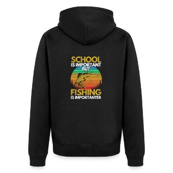 Schule ist wichtig, aber Angeln ist noch wichtiger - Unisex Premium Bio Zip Hoodie - Schwarz - Hinten - Nico (187cm)
