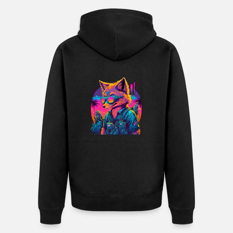 Rétro Futuriste Synthwave Fox - Veste à capuche bio Premium Unisexe - noir