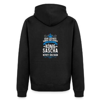 Sascha Namensshirt mit lustigem König Spruch - Unisex Premium Bio Zip Hoodie - Schwarz - Hinten - Nico (187cm)