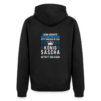 Sascha Namensshirt mit lustigem König Spruch - Unisex Premium Bio Zip Hoodie - Schwarz - Hinten - Nico (187cm)