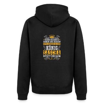 Sascha Namensshirt mit lustigem König Spruch - Unisex Premium Bio Zip Hoodie - Schwarz - Hinten - Nico (187cm)