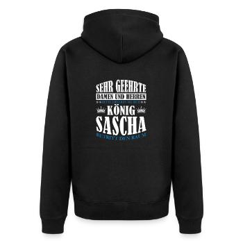 Sascha Namensshirt mit lustigem König Spruch - Unisex Premium Bio Zip Hoodie - Schwarz - Hinten - Nico (187cm)