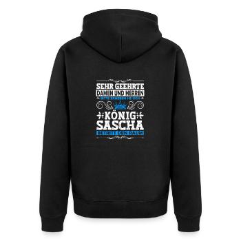 Sascha Namensshirt mit lustigem König Spruch - Unisex Premium Bio Zip Hoodie - Schwarz - Hinten - Nico (187cm)