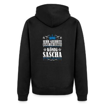 Sascha Namensshirt mit lustigem König Spruch - Unisex Premium Bio Zip Hoodie - Schwarz - Hinten - Nico (187cm)