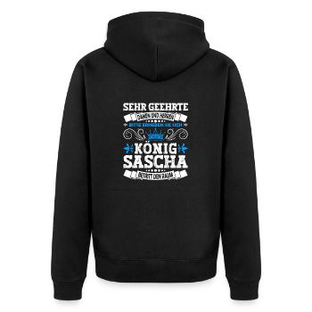 Sascha Namensshirt mit lustigem König Spruch - Unisex Premium Bio Zip Hoodie - Schwarz - Hinten - Nico (187cm)