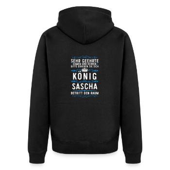 Sascha Namensshirt mit lustigem König Spruch - Unisex Premium Bio Zip Hoodie - Schwarz - Hinten - Nico (187cm)