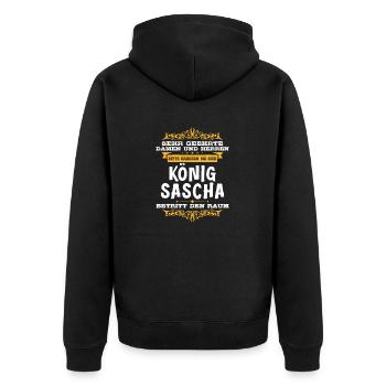 Sascha Namensshirt mit lustigem König Spruch - Unisex Premium Bio Zip Hoodie - Schwarz - Hinten - Nico (187cm)