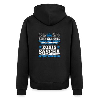 Sascha Namensshirt mit lustigem König Spruch - Unisex Premium Bio Zip Hoodie - Schwarz - Hinten - Nico (187cm)