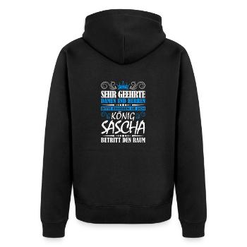 Sascha Namensshirt mit lustigem König Spruch - Unisex Premium Bio Zip Hoodie - Schwarz - Hinten - Nico (187cm)