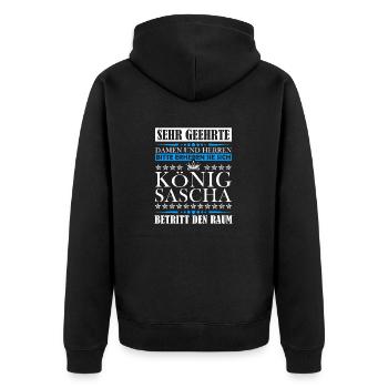 Sascha Namensshirt mit lustigem König Spruch - Unisex Premium Bio Zip Hoodie - Schwarz - Hinten - Nico (187cm)