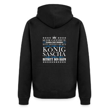 Sascha Namensshirt mit lustigem König Spruch - Unisex Premium Bio Zip Hoodie - Schwarz - Hinten - Nico (187cm)