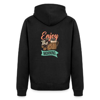 Enjoy the Morning Coffee - Unisex Premium Bio Zip Hoodie - Schwarz - Hinten - Nico (187cm)
