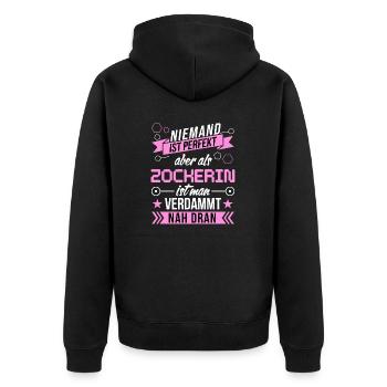 Niemand ist perfekt als Zocker aber nah dran funny - Unisex Premium Bio Zip Hoodie - Schwarz - Hinten - Nico (187cm)