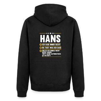 Hans - Unisex Premium Bio Zip Hoodie - Schwarz - Hinten - Nico (187cm)