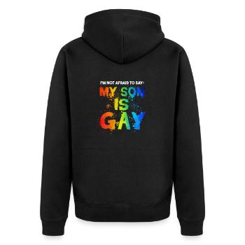 Mein Sohn ist schwul - Unisex Premium Bio Zip Hoodie - Schwarz - Hinten - Nico (187cm)