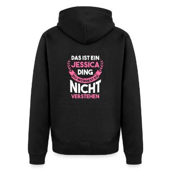 Vorname Jessica - Unisex Premium Bio Zip Hoodie - Schwarz - Hinten - Nico (187cm)