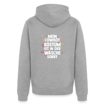 Mein Cowboy Kostüm ist in der Wäsche Fasching Karn - Unisex Premium Bio Zip Hoodie - Grau meliert - Hinten - Nico (187cm)