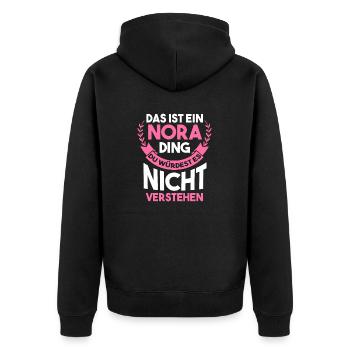 Name Nora - Unisex Premium Bio Zip Hoodie - Schwarz - Hinten - Nico (187cm)