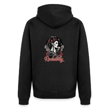 Rockabilly Musik Shirt im Vintage Design - Unisex Premium Bio Zip Hoodie - Schwarz - Hinten - Nico (187cm)