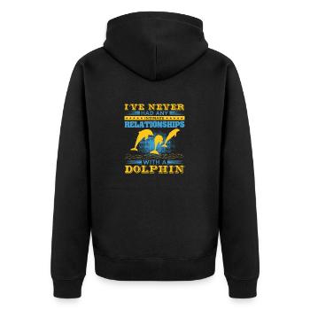 ICH HABE NOCH NIE EINE BEZIEHUNG ZU EINEM DELFIN - Unisex Premium Bio Zip Hoodie - Schwarz - Hinten - Nico (187cm)