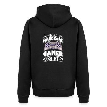 FoundLux New, THIS IS MY HARDCORE GAMER SHIRT - Unisex Premium Bio Zip Hoodie - Schwarz - Hinten - Nico (187cm)